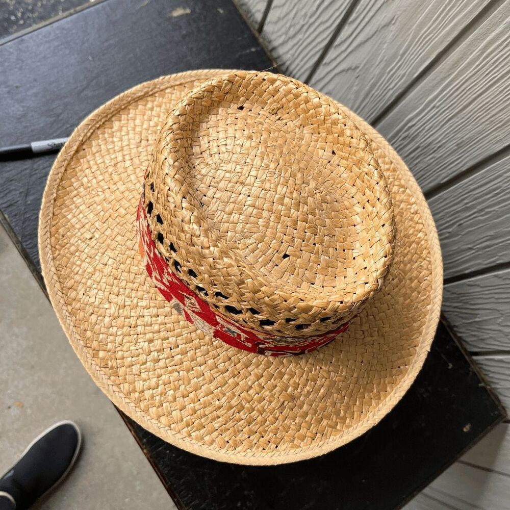 Vintage Woven Straw Hat Small USA Made Red Band Western Boho Summer CHCO WPL - Picture 3 of 5